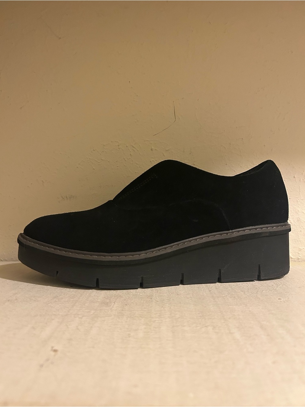 Clarks Black Suede Platform Slip-On Loafer